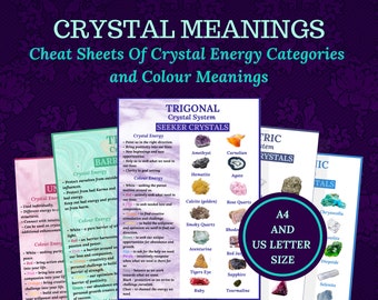 Crystal Cheat Sheet, color and crystal energy for beginners, printable, instant download ebook.