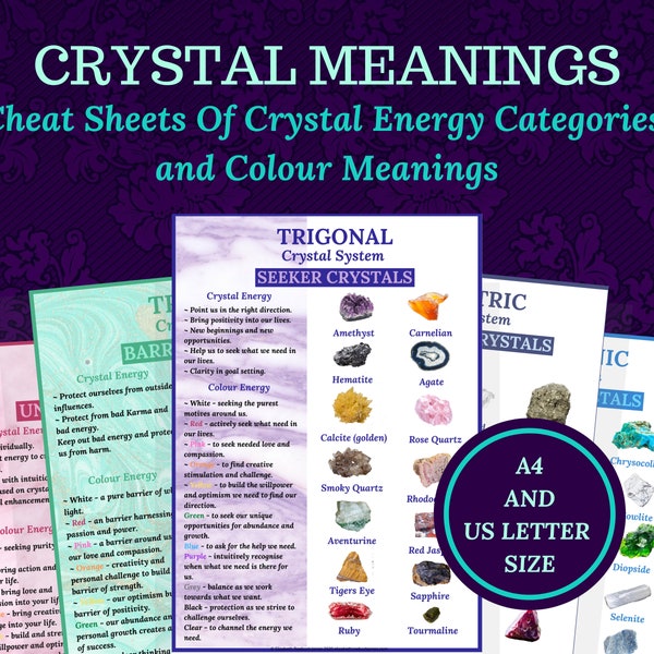 Crystal Cheat Sheet, color and crystal energy for beginners, printable, instant download ebook.