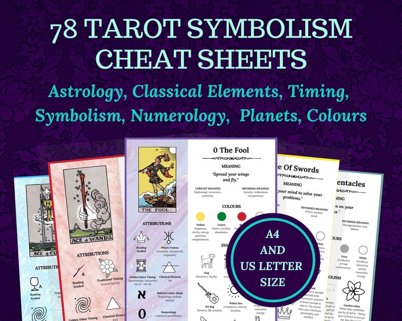 Tarot Symbolism Cheat Sheets, for beginner or advanced Tarot readers, printable, instant download ebook. 