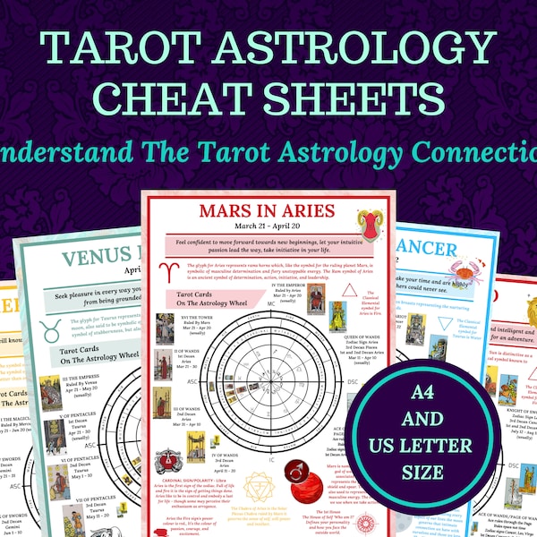 Feuilles de triche de tarot et d'astrologie, pour les lecteurs de tarot débutants ou avancés, imprimables, ebook pdf à téléchargement instantané.