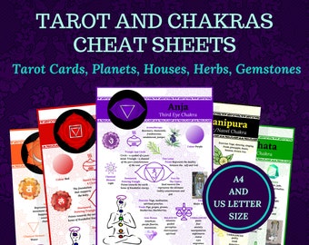Tarot and Chakras, cheat sheets, for beginner or advanced Tarot readers, printable, instant download pdf ebook.