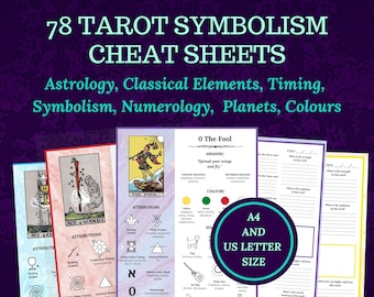 Tarot Symbolism Cheat Sheets, for beginner or advanced Tarot readers, printable, instant download ebook.