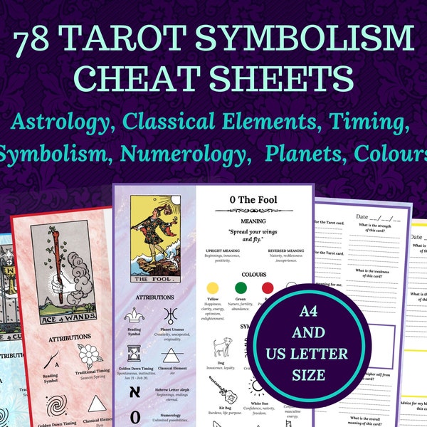Tarot Symbolism Cheat Sheets, for beginner or advanced Tarot readers, printable, instant download ebook.