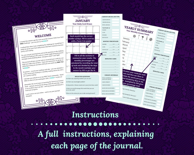 Tarot workbook calendar PLUS FREE daily challenge, for beginner or advanced Tarot readers, printable, instant download pdf ebook. image 3