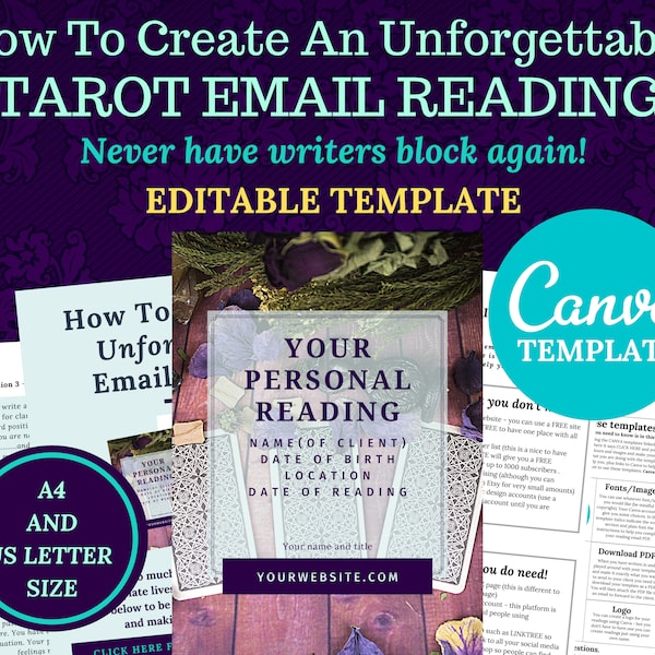 Tarot Email Reading Canva Template. Instant Download A4 And Us Letter size. Edit and make your own email Tarot reading