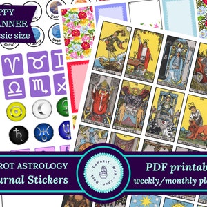 Adesivos de astrologia de cartas de tarô, Happy Planner Classic Vertical, impressão para download instantâneo em papel A4 ou US Letter.