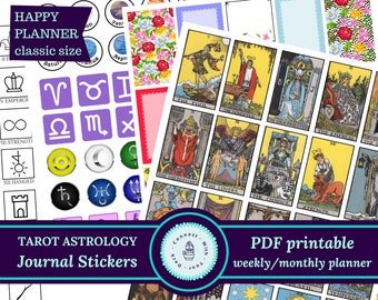 Tarot card Astrology stickers, Happy Planner Classic Vertical, instant download print on A4 or US Letter paper.