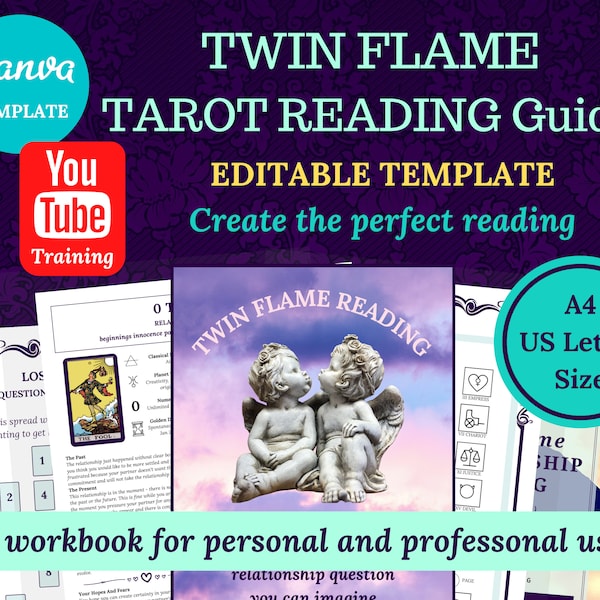 Twin Flame Tarot Reading Guide Plus Canva Editable Template Instant download pdf For Beginner or Advanced Readers