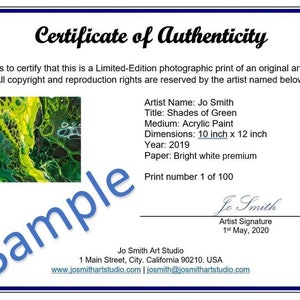 Echtheitszertifikat für Limited Edition Fotodruck (mit Foto) - Individualisierbare Vorlage zum digitalen Download für A5-Format