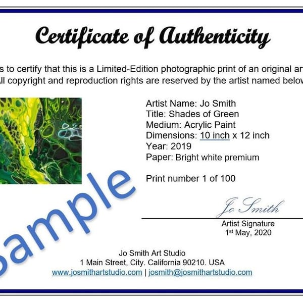 Certificate of Authenticity for Limited Edition Photographic Print (with photo) - Customizable Digital Download Template for A5 sized paper