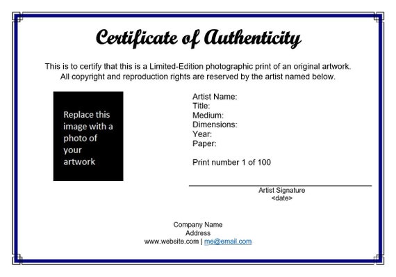 Certificate Of Authenticity For Limited Edition Photographic ...