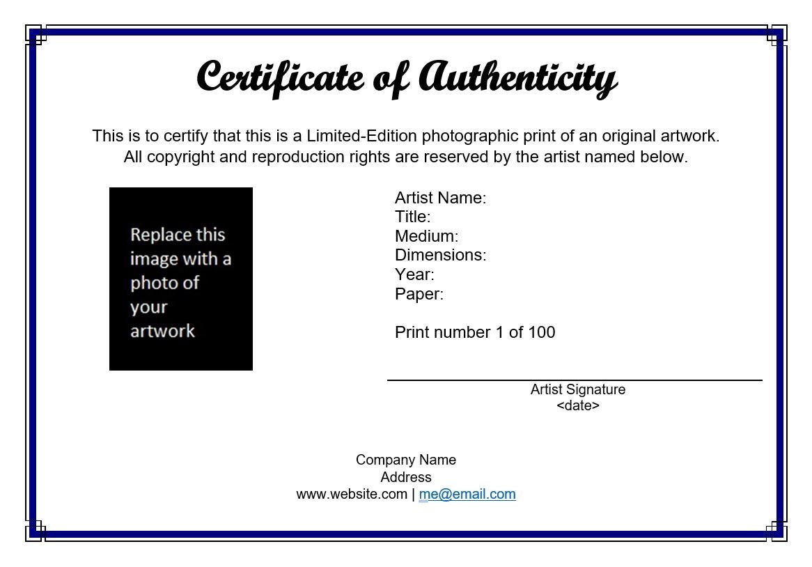 Certificate of Authenticity for Limited Edition Photographic Print