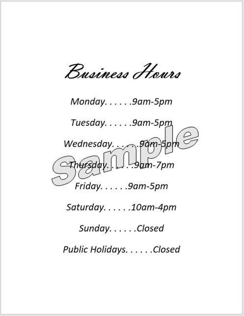 Business Hours/Hours of Operation *DIGITAL DOWNLOAD* Editable and Printable  Template (Microsoft Word DOC) Throughout Hours Of Operation Template Microsoft Word