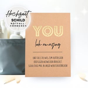 Notfallkörbchen Schild Gold A5, Hochzeitsdeko Vintage, Schild Hochzeit Kraftpapier, Toilettenkörbchen Schild Wedding