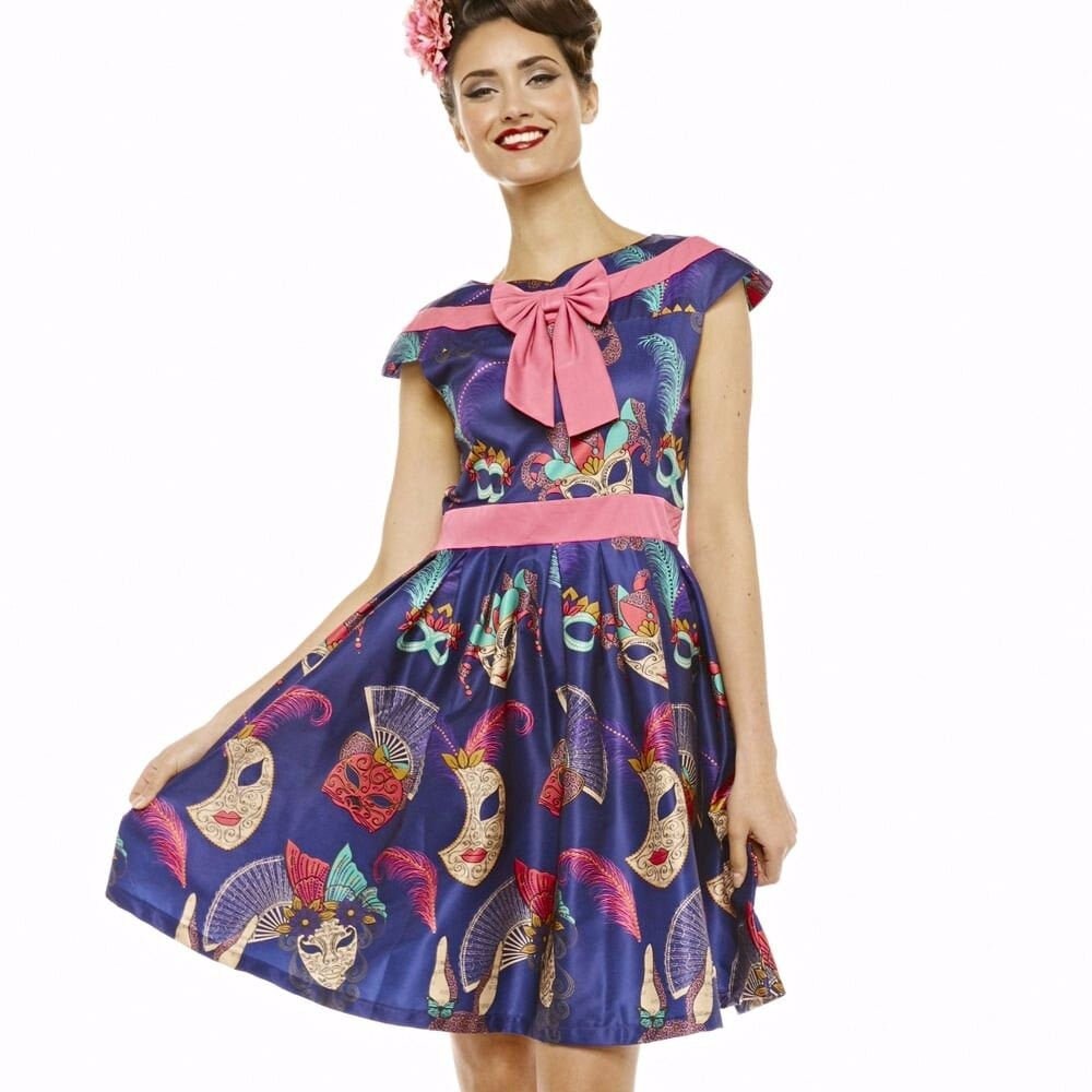 Image of Lindy Bop Ariana Navy Masquerade Mask Print Pink Bow Vintage Style Swing Dress