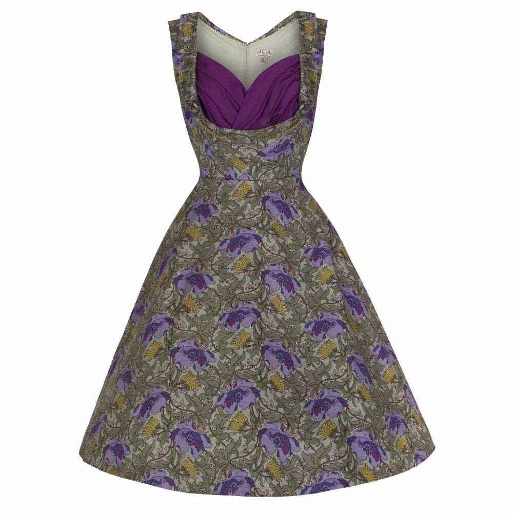Image of Lindy Bop "Ophelia' Beautiful Romantic Floral Print Green Purple 's Style Swing Dress. Uk Size