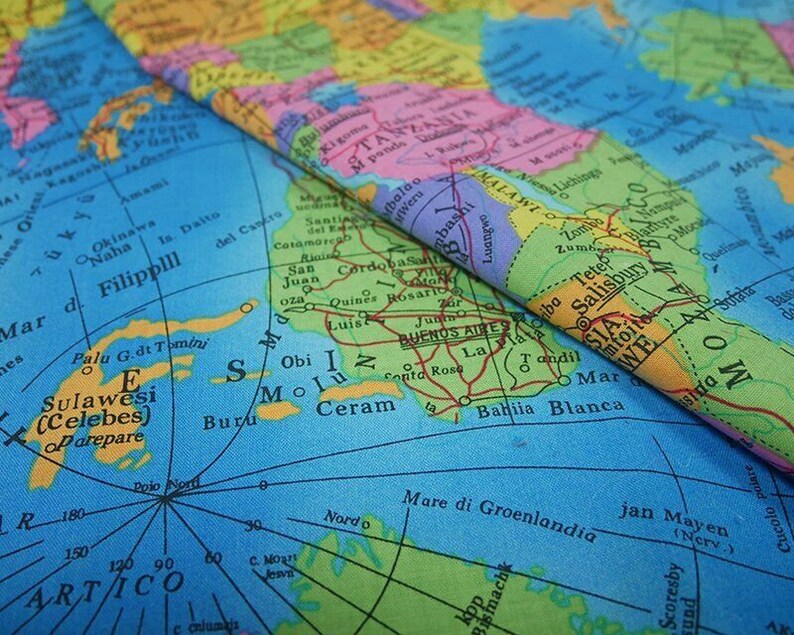 GLOBE World Map Cotton Fabric Atlas Material 56 By the Metre Etsy