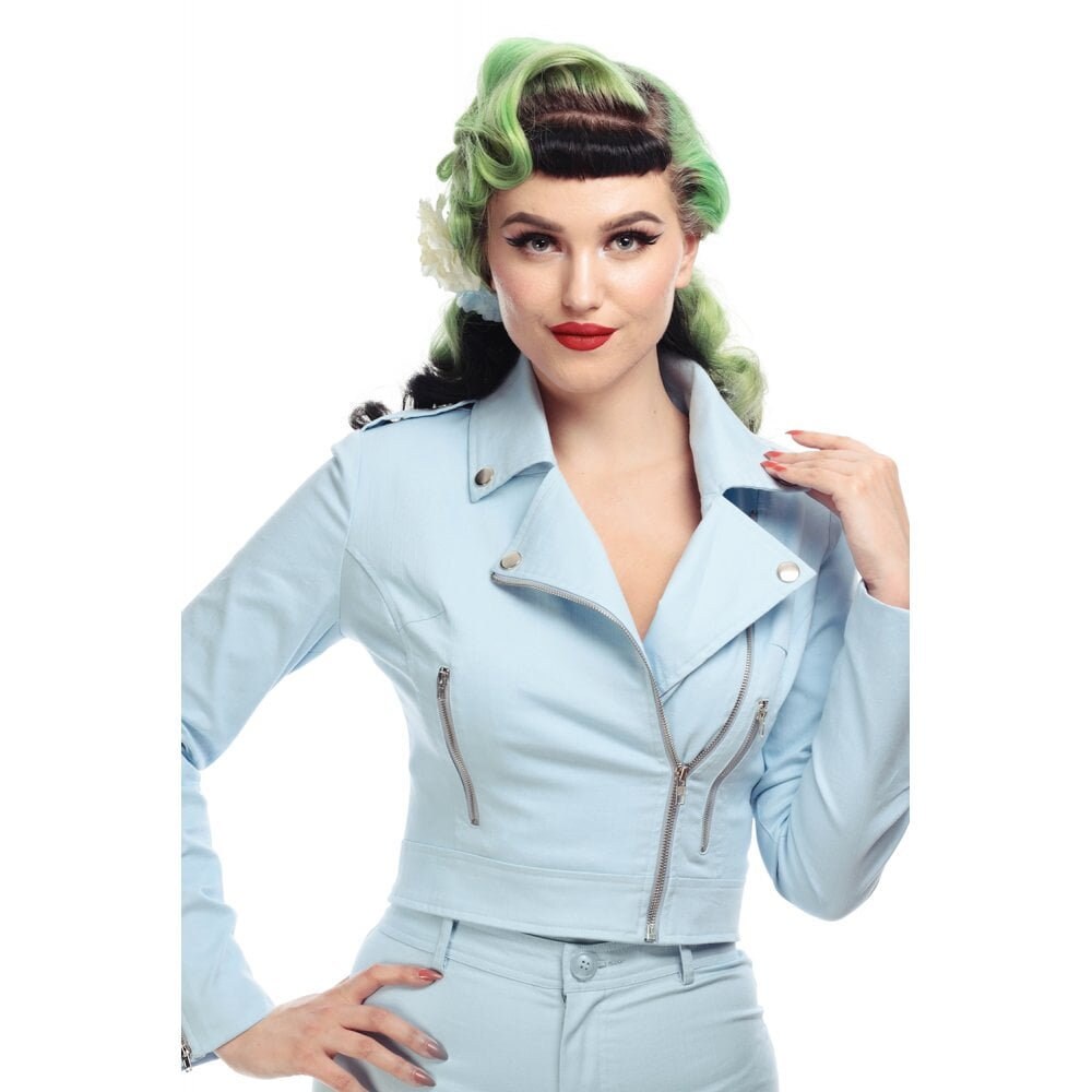 Image of Collectif Mainline Outlaw Plain Pastel Blue S Vintage Retro Style Biker Jacket