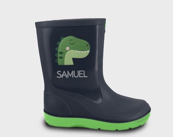 Personalized rubber boots with sleepy dinosaur