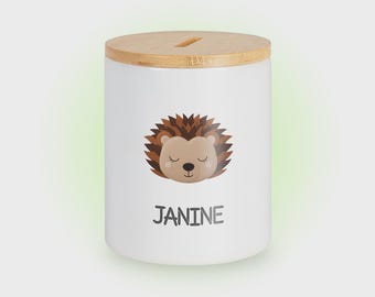 Sleep-themed piggy bank in hedgehog design - customizable