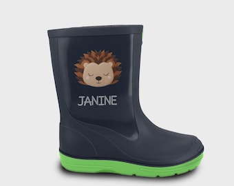 Personalized rubber boots with a sleeping hedgehog