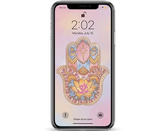Hamsa en Lotus Achtergrond, IPhone Achtergrond, Iphone Behang roze, Telefoon Achtergrond, Digitale Download, Telefoon Wallpaper Boho