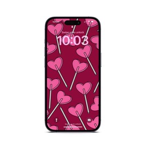 May include: A smartphone with a pink and white heart-shaped lollipop pattern on a burgundy background. The time is 10:03 and the text "Swipe up to unlock" is displayed on the screen.