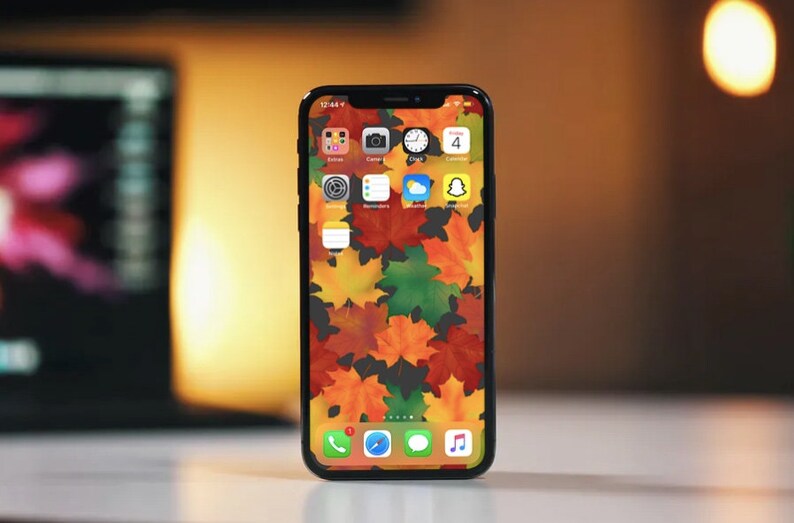 Op de afbeelding: Een zwarte iPhone met een herfstthema-achtergrond met kleurrijke esdoornbladeren. Het scherm van de telefoon toont verschillende app-pictogrammen, waaronder Camera, Klok, Agenda en Snapchat.
