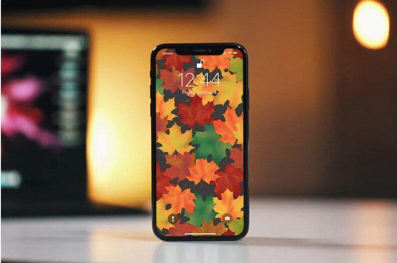 Op de afbeelding: Een zwarte iPhone met een herfstthema-achtergrond met kleurrijke esdoornbladeren. De tijd is 12:44 en de datum is vrijdag 4 oktober.