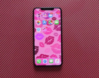 Pink Lipstick Kiss Marks Valentine's Day Hand Drawn Wallpaper or