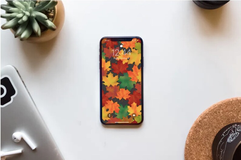 Op de afbeelding: Een smartphone met een blauwe hoes en een herfstthema wallpaper met kleurrijke bladeren. De tijd op het scherm is 12:44.