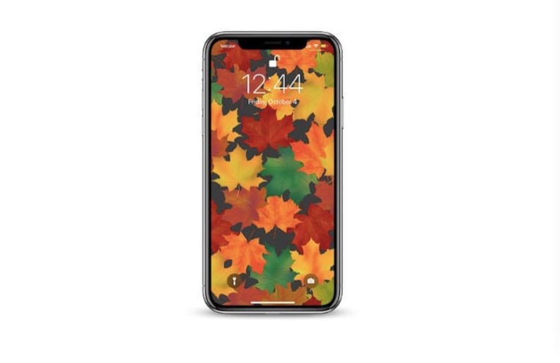 Op de afbeelding: Een smartphone met een zwarte achtergrond en een patroon van herfstbladeren in tinten rood, oranje, geel en groen. De tijd is 12:44 en de datum is vrijdag 4 oktober.