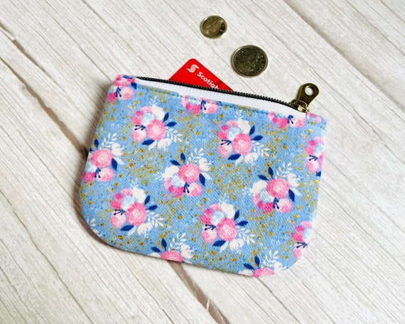 Coin Purse Glitter Florals / Small Change Purse With Zipper 