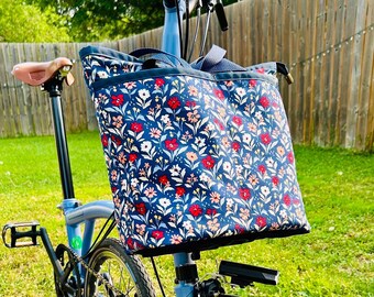 Brompton Bike Tote Bag - Floral Navy / Handmade, Cotton and Waterproof Canvas, Zipper & Slip Pockets, Nylon Straps, Optional Frame, Women’s