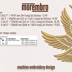 May include: Machine embroidery design of a pair of golden wings with the text "morembro" at the top. The design is available in four sizes, with stitch counts listed for each size. A color changes example table is included with thread colors and brand names.
