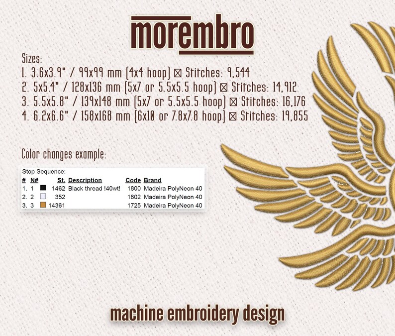 May include: Machine embroidery design of a pair of golden wings with the text "morembro" at the top. The design is available in four sizes, with stitch counts listed for each size. A color changes example table is included with thread colors and brand names.