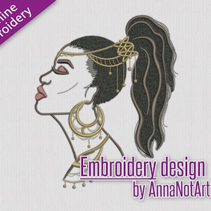 Diseño de bordado: silueta de princesa nubia con joyas, hermosa mujer joven - archivo digital de 4 tamaños para bordado a máquina