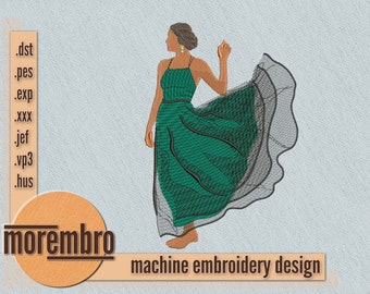 Embroidery design: Woman in long black and green dress silhouette - 4 sizes digital file for machine embroidery (embr050)