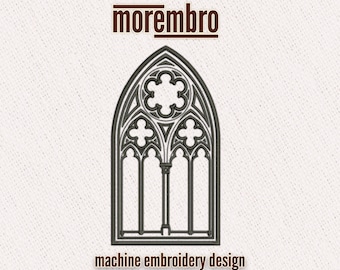 May include: A machine embroidery design featuring a gothic arched window with intricate detailing. The design is in shades of gray and black, with the text "morembro" above and "machine embroidery design" below.