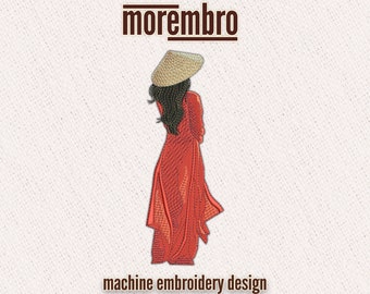Embroidery design: Woman in long red dress and vietnam hat silhouette - 4 sizes digital file for machine embroidery (embr051)
