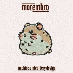 May include: Machine embroidery design of a cute, cartoon hamster with brown and beige fur, a light blue body, and pink ears. The hamster is looking to the left and has a small, black nose.
