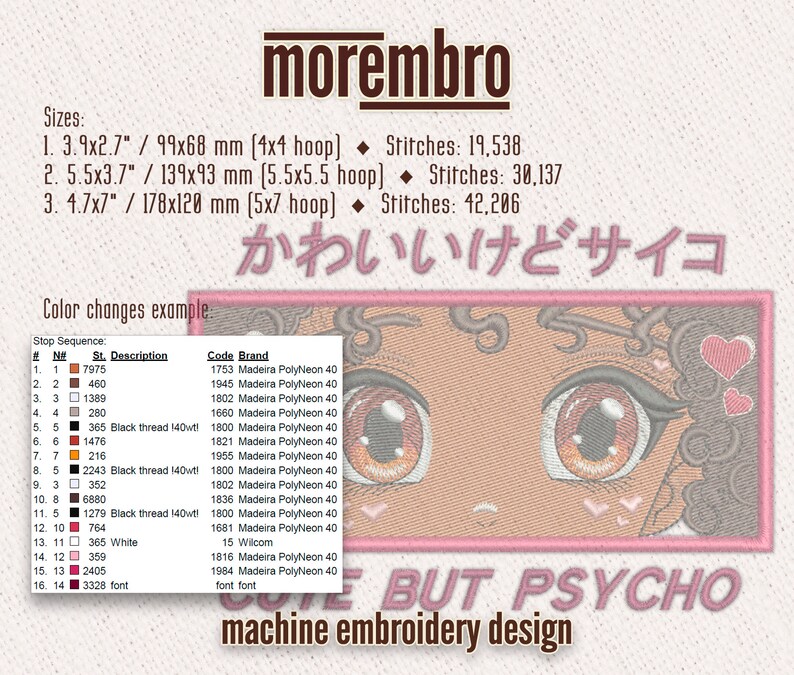 K&ouml;nnte beinhalten: Maschinenstickdesign mit einem Cartoon-Gesicht und dem Text "CUTE BUT PSYCHO". Das Design enth&auml;lt den Text "かわいいけどサイコ". Erh&auml;ltlich in verschiedenen Gr&ouml;&szlig;en, darunter 99x68 mm. Das Design hat 19.538 Stiche.
