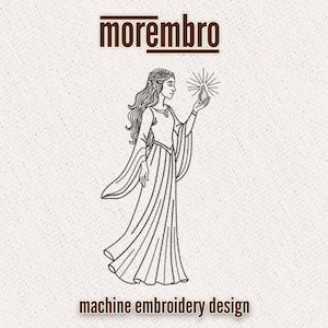 May include: Machine embroidery design featuring a woman in a flowing gown holding a glowing orb. The design is outlined in black and white.