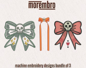 May include: A set of three machine embroidery designs featuring bows with skull details. The designs include a green bow with gold stars, a red bow with a heart, and an orange bow with a skull.