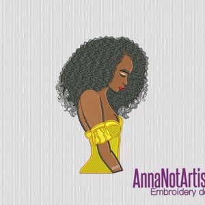 Embroidery design: Curly woman in yellow dress - 4 sizes digital file for machine embroidery