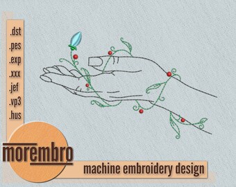 Stickdatei: Frau Hand mit Blüte Silhouette Linie Kunst in 3 Größen digitale Datei für die Stickmaschine (embr046)