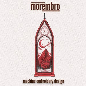 May include: A machine embroidery design featuring a tall, pointed gothic arch window frame in red. Inside the frame is a landscape with a red crescent moon, stars, clouds, and a mountain range with trees. The text morembro appears at the top.
