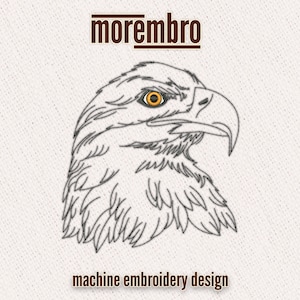 Może przedstawiać: Czarno-biały projekt haftu z liniami przedstawiający głowę orła z żółtym okiem. Projekt jest oznaczony jako "morembro machine embroidery design".