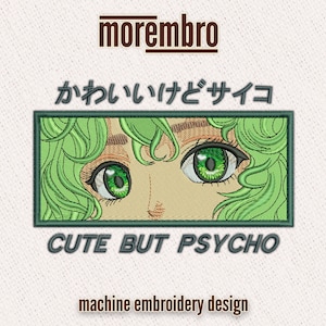 Disegno da ricamo: stile anime giapponese carino ma psicopatico con capelli verdi ondulati - file digitale in 3 dimensioni per ricamo a macchina (embr079)