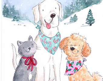 Kundenspezifische handgemalte Haustierporträt-Weihnachtskarten-Illustration